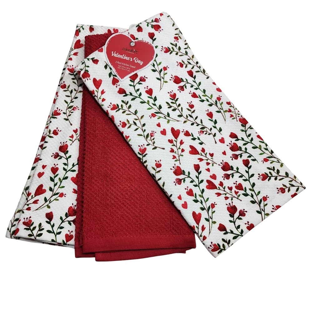 Colordrift Heart Floral Kitchen Towel Set of 3  Red White Cotton 18x28 Cottage